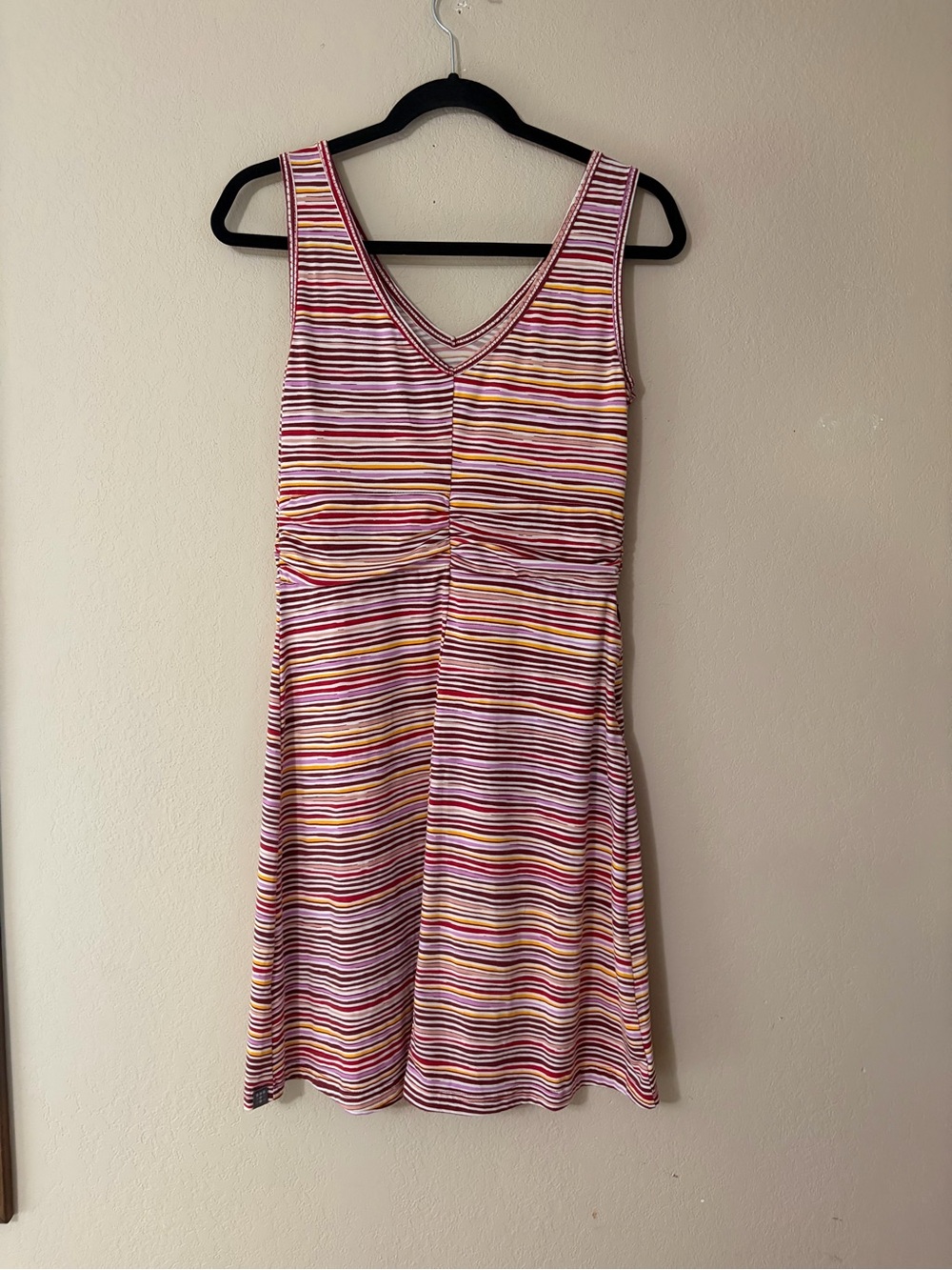 Title Nine Breeze Dress SzS Striped Vneck Ruched Sleeveless Travel Active Pocket